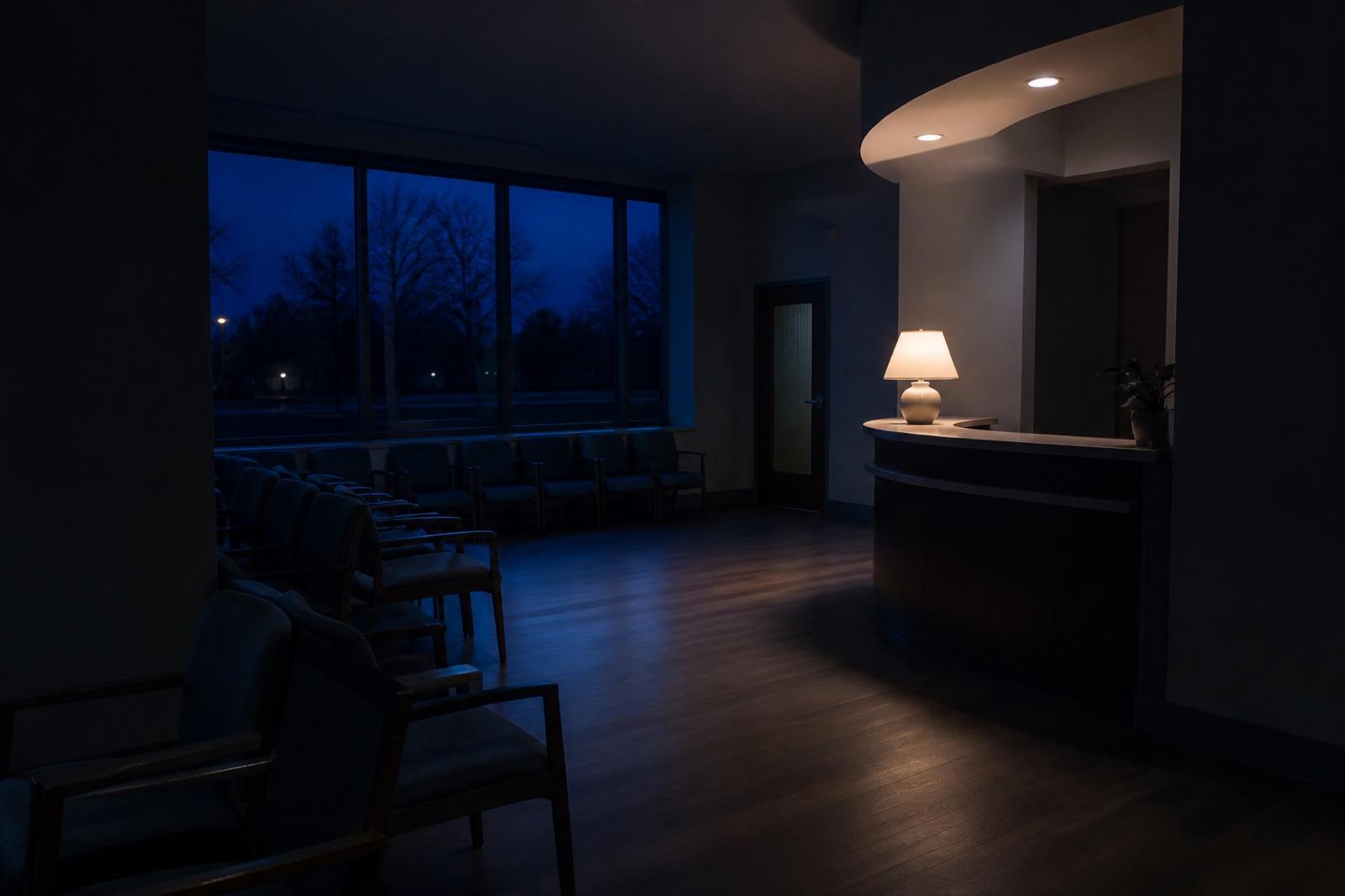 An empty practice waiting room at night with one lamp on at the reception desk