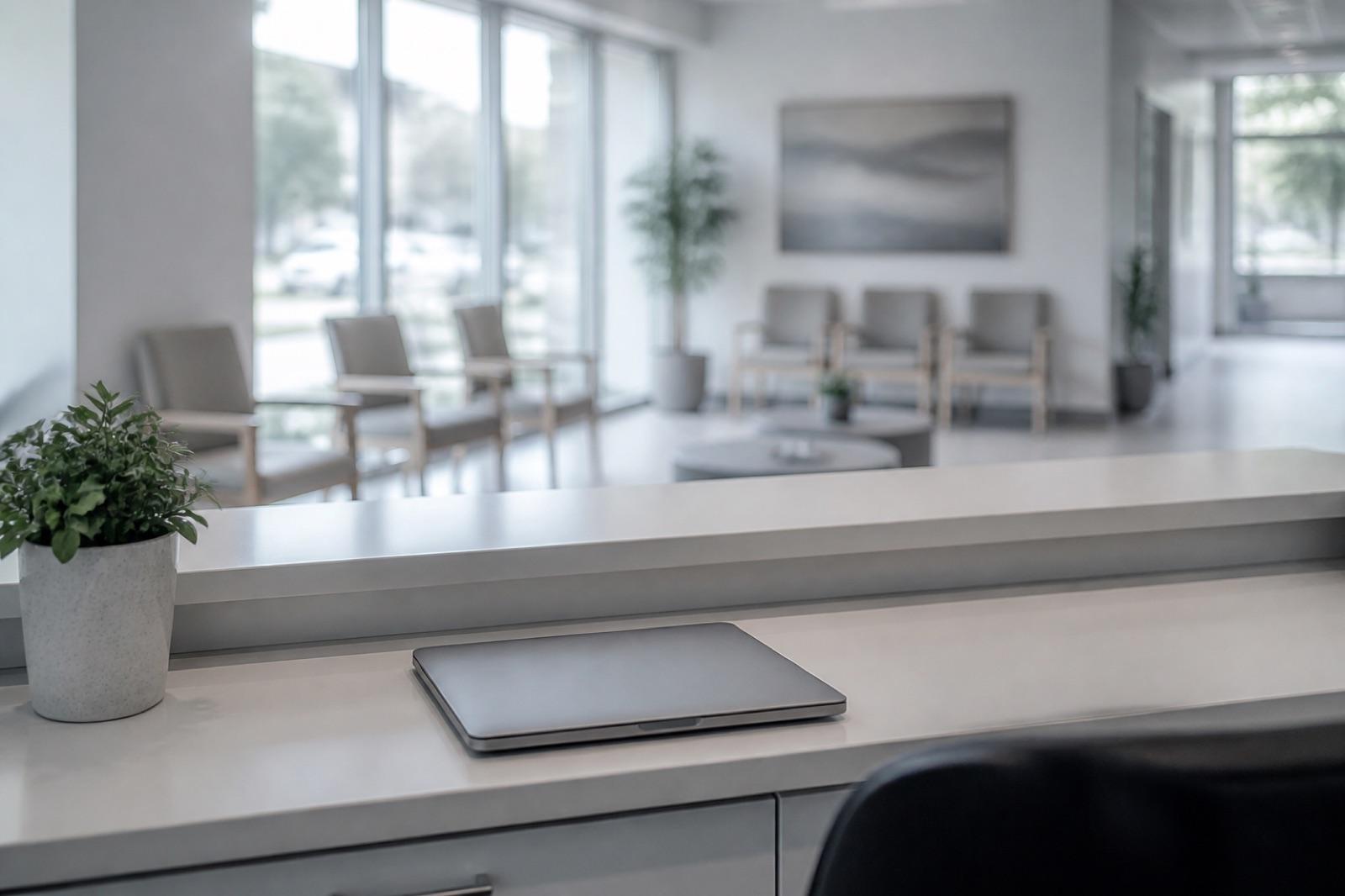 A quiet practice reception counter in daylight